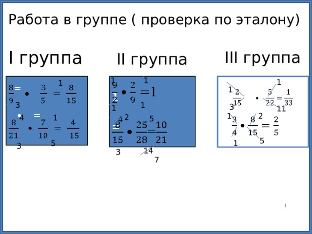 Работа в группе ( проверка по эталону) I группа III группа II группа 1 1 1 1     1    =    =   • = 1 1 3 3 1 11 1 2 2 4 1 5 4 5 1 5 3 14 3 7 