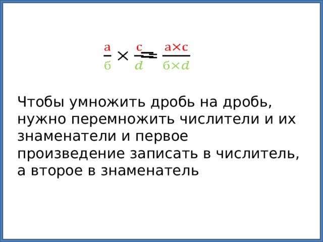 =   Чтобы умножить дробь на дробь, нужно перемножить числители и их знаменатели и первое произведение записать в числитель, а второе в знаменатель 