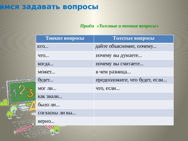 Учимся задавать вопросы Приём «Толстые и тонкие вопросы» Тонкие вопросы Толстые вопросы кто... дайте объяснение, почему... что... когда... почему вы думаете... почему вы считаете... может... в чем разница... будет... предположите, что будет, если... мог ли... что, если... как звали... было ли... согласны ли вы... верно... 