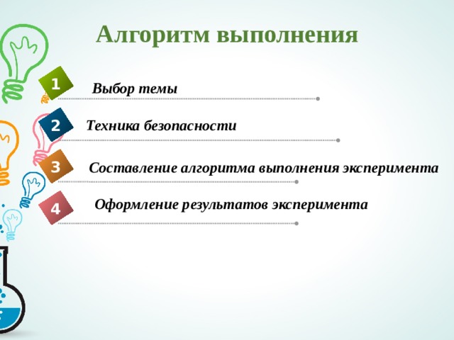 Алгоритм выполнения 1 Выбор темы Техника безопасности 2 Составление алгоритма выполнения эксперимента 3 Оформление результатов эксперимента 4 