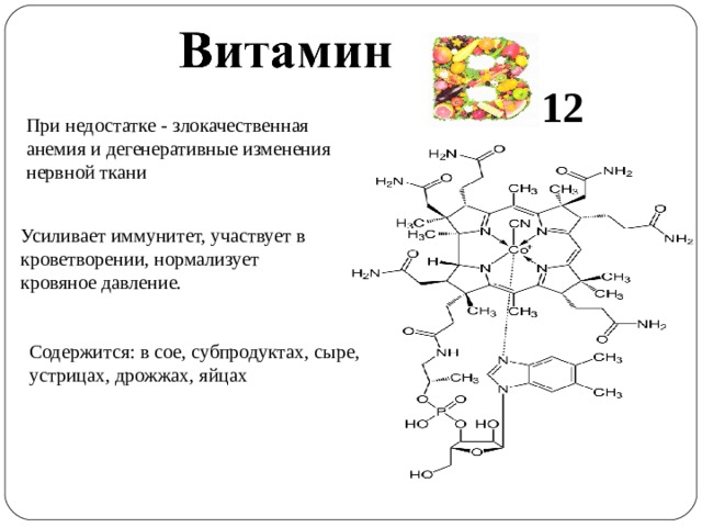 12 При недостатке - злокачественная анемия и дегенеративные изменения нервной ткани Усиливает иммунитет, участвует в кроветворении, нормализует кровяное давление. Содержится: в сое, субпродуктах, сыре, устрицах, дрожжах, яйцах 