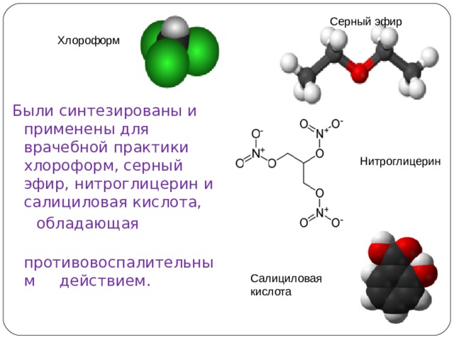 Серный эфир Хлороформ Были синтезированы и применены для врачебной практики хлороформ, серный эфир, нитроглицерин и салициловая кислота,  обладающая  противовоспалительным действием. Нитроглицерин Салициловая кислота 