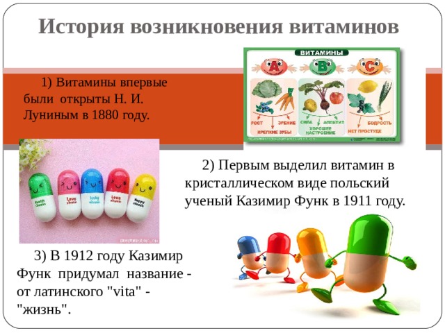 История возникновения витаминов 1) Витамины впервые были открыты Н. И. Луниным в 1880 году. 2) Первым выделил витамин в кристаллическом виде польский ученый Казимир Функ в 1911 году. 3) В 1912 году Казимир Функ придумал название - от латинского 