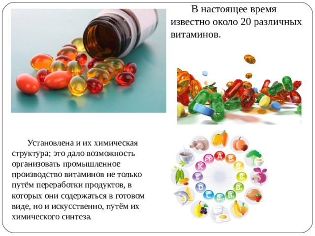  В настоящее время известно около 20 различных витаминов. Установлена и их химическая структура; это дало возможность организовать промышленное производство витаминов не только путём переработки продуктов, в которых они содержаться в готовом виде, но и искусственно, путём их химического синтеза. 