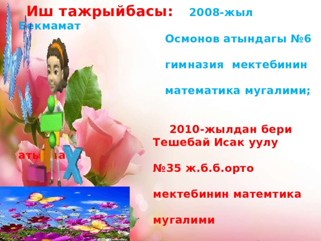  Иш тажрыйбасы: 2008-жыл Бекмамат  Осмонов атындагы №6  гимназия мектебинин  математика мугалими;    2010-жылдан бери  Тешебай Исак уулу атындагы  №35 ж.б.б.орто  мектебинин матемтика  мугалими     2017-жылдан бери Тешебай  Исак уулу атындагы  №35 ж.б.б.орто  мектебинин матемтика  мугалими жана класстан  тышкаркы иштердин  уюштуруучусу.   