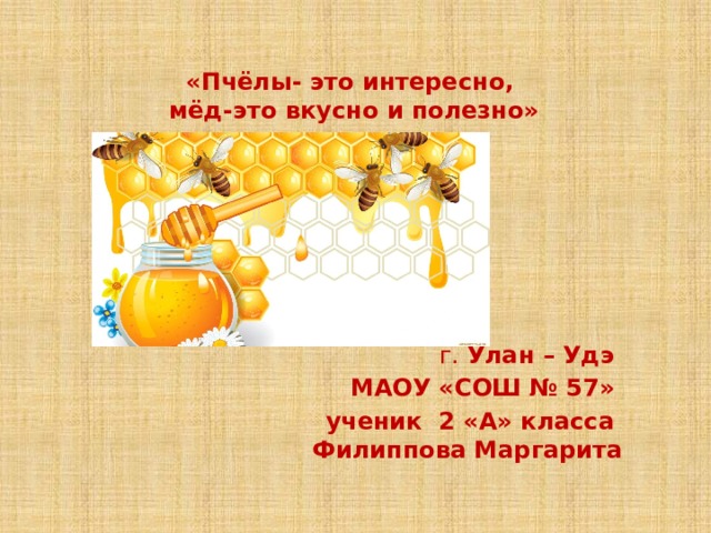      «Пчёлы- это интересно,  мёд-это вкусно и полезно»          г. Улан – Удэ МАОУ «СОШ № 57» ученик 2 «А» класса  Филиппова Маргарита  