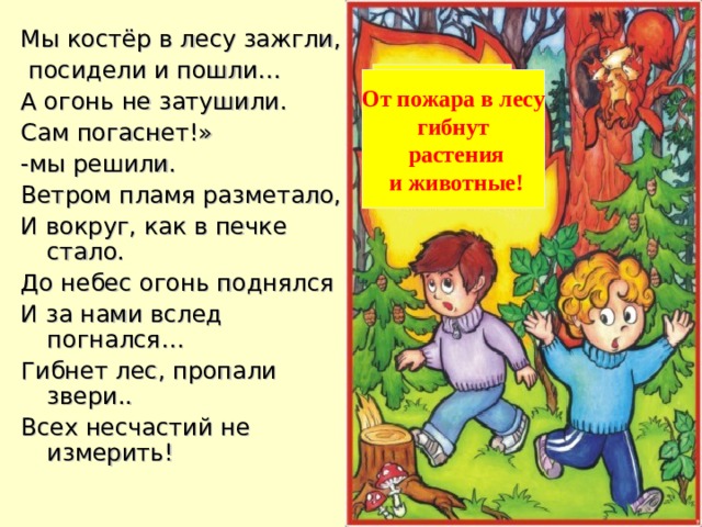 Мы костёр в лесу зажгли,  посидели и пошли… А огонь не затушили. Сам погаснет!» -мы решили. Ветром пламя разметало, И вокруг, как в печке стало. До небес огонь поднялся И за нами вслед погнался… Гибнет лес, пропали звери.. Всех несчастий не измерить! От пожара в лесу гибнут  растения  и животные! 