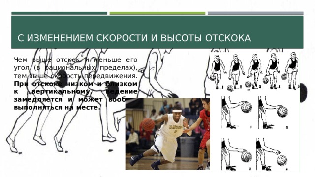 с изменением скорости и высоты отскока Чем выше отскок и меньше его угол (в рациональных пределах), тем выше скорость передвижения. При отскоке низком и близком к вертикальному, ведение замедляется и может вообще выполняться на месте. 
