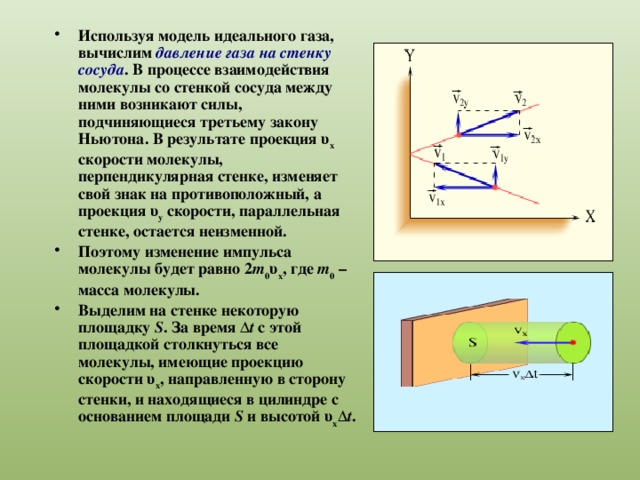 Используя модель идеального газа, вычислим давление газа на стенку сосуда . В процессе взаимодействия молекулы со стенкой сосуда между ними возникают силы, подчиняющиеся третьему закону Ньютона. В результате проекция υ x скорости молекулы, перпендикулярная стенке, изменяет свой знак на противоположный, а проекция υ y скорости, параллельная стенке, остается неизменной. Поэтому изменение импульса молекулы будет равно 2 m 0 υ x , где m 0 – масса молекулы. Выделим на стенке некоторую площадку S . За время Δ t с этой площадкой столкнуться все молекулы, имеющие проекцию скорости υ x , направленную в сторону стенки, и находящиеся в цилиндре с основанием площади S и высотой υ x Δ t .  