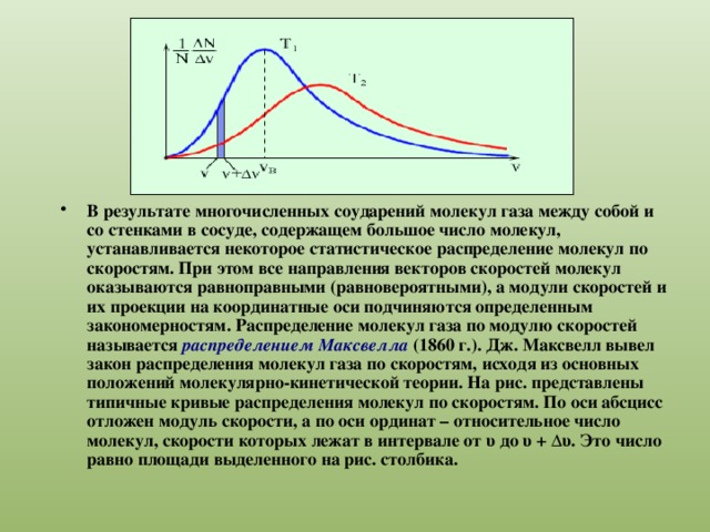 В результате многочисленных соударений молекул газа между собой и со стенками в сосуде, содержащем большое число молекул, устанавливается некоторое статистическое распределение молекул по скоростям. При этом все направления векторов скоростей молекул оказываются равноправными (равновероятными), а модули скоростей и их проекции на координатные оси подчиняются определенным закономерностям. Распределение молекул газа по модулю скоростей называется распределением Максвелла (1860 г.). Дж. Максвелл вывел закон распределения молекул газа по скоростям, исходя из основных положений молекулярно-кинетической теории. На рис. представлены типичные кривые распределения молекул по скоростям. По оси абсцисс отложен модуль скорости, а по оси ординат – относительное число молекул, скорости которых лежат в интервале от υ до υ + Δυ. Это число равно площади выделенного на рис. столбика.  