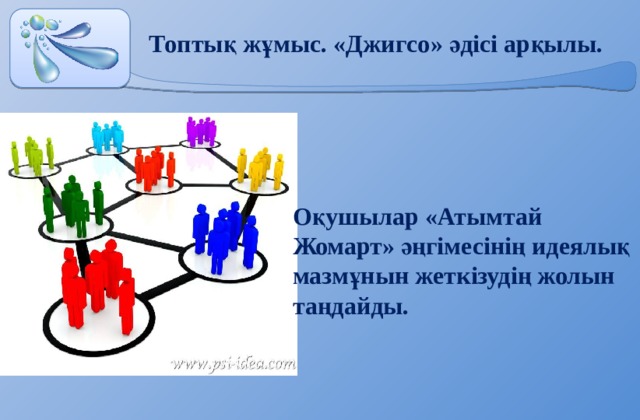 Топтық жұмыс. «Джигсо» әдісі арқылы. Оқушылар «Атымтай Жомарт» әңгімесінің идеялық мазмұнын жеткізудің жолын таңдайды. 
