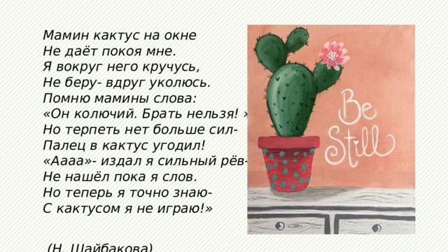 Мамин кактус на окне  Не даёт покоя мне.  Я вокруг него кручусь,  Не беру- вдруг уколюсь.  Помню мамины слова:  «Он колючий. Брать нельзя! »  Но терпеть нет больше сил-  Палец в кактус угодил!  «Аааа»- издал я сильный рёв-  Не нашёл пока я слов.  Но теперь я точно знаю-  С кактусом я не играю!»   (Н. Шайбакова) 