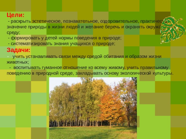 Цели:   - раскрыть эстетическое, познавательное, оздоровительное, практическое значение природы в жизни людей и желание беречь и охранять окружающую среду;  - формировать у детей нормы поведения в природе;  - систематизировать знания учащихся о природе; Задачи:   - учить устанавливать связи между средой обитания и образом жизни животных;  - воспитывать гуманное отношение ко всему живому, учить правильному поведению в природной среде, закладывать основу экологической культуры.   