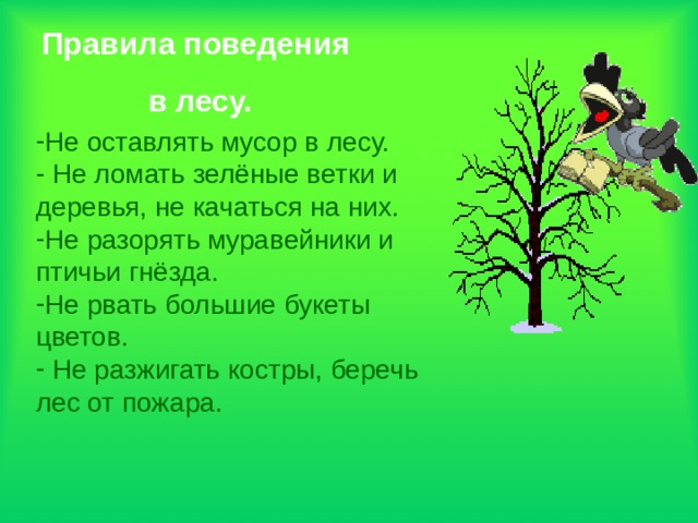 Правила поведения в лесу.  Не оставлять мусор в лесу.  Не ломать зелёные ветки и деревья, не качаться на них. Не разорять муравейники и птичьи гнёзда. Не рвать большие букеты цветов.  Не разжигать костры, беречь лес от пожара. 