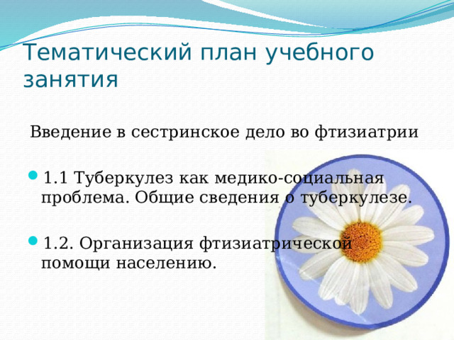 Тематический план учебного занятия Введение в сестринское дело во фтизиатрии 1.1 Туберкулез как медико-социальная проблема. Общие сведения о туберкулезе. 1.2. Организация фтизиатрической помощи населению. 