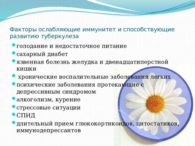  Факторы ослабляющие иммунитет и способствующие развитию туберкулеза голодание и недостаточное питание сахарный диабет язвенная болезнь желудка и двенадцатиперстной кишки  хронические воспалительные заболевания легких психические заболевания протекающие с депрессивным синдромом алкоголизм, курение стрессовые ситуации СПИД длительный прием глюкокортикоидов, цитостатиков, иммунодепрессантов 