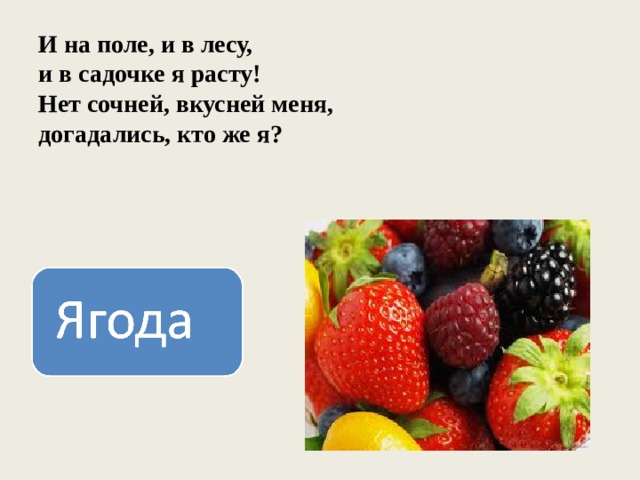И на поле, и в лесу,  и в садочке я расту!  Нет сочней, вкусней меня,  догадались, кто же я? 