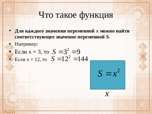 Что такое функция Для каждого значения переменной х можно найти  соответствующее значение переменной S. Например: Если х = 3, то Если х = 12, то 