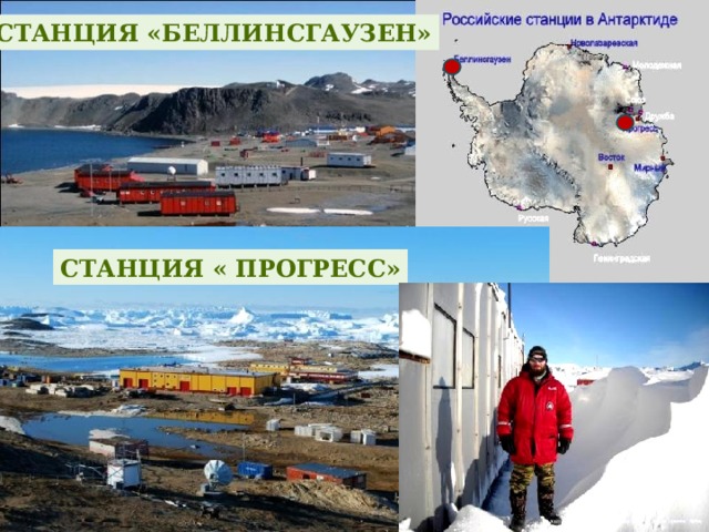 Станция «Беллинсгаузен» Станция « Прогресс» В 1968 году основана самая северная советская научная станция в Антарктиде — Беллинсгаузен. Российские полярники часто называют станцию Беллинсгаузен «курортом», ведь, по сравнению с остальными арктическими станциями, здесь неприлично тепло круглый год! В самый тёплый месяц февраль (антарктическое лето) – (+1) С, в самый холодный (август) – (-7) С. 