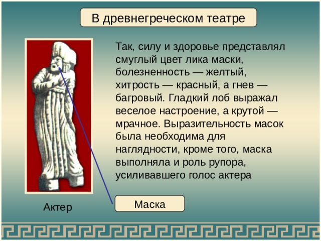 В древнегреческом театре Так, силу и здоровье представлял смуглый цвет лика маски, болезненность — желтый, хитрость — красный, а гнев — багровый. Гладкий лоб выражал веселое настроение, а крутой — мрачное. Выразительность масок была необходима для наглядности, кроме того, маска выполняла и роль рупора, усиливавшего голос актера Маска Актер 