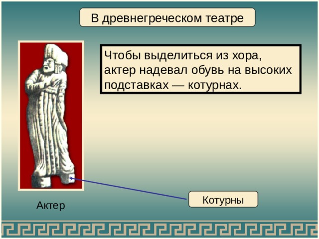 В древнегреческом театре Чтобы выделиться из хора, актер надевал обувь на высоких подставках — котурнах. Котурны Актер 