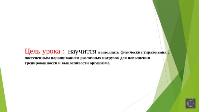 Цель урока : научится выполнять физические упражнения с постепенным наращиванием различных нагрузок для повышения тренированности и выносливости организма.   
