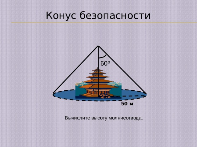 Конус безопасности 60 º 50 м Вычислите высоту молниеотвода. 