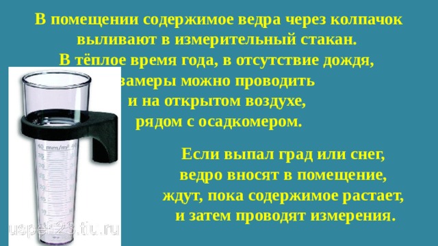 В помещении содержимое ведра через колпачок выливают в измерительный стакан.  В тёплое время года, в отсутствие дождя,  замеры можно проводить  и на открытом воздухе,  рядом с осадкомером. Если выпал град или снег, ведро вносят в помещение, ждут, пока содержимое растает, и затем проводят измерения. 