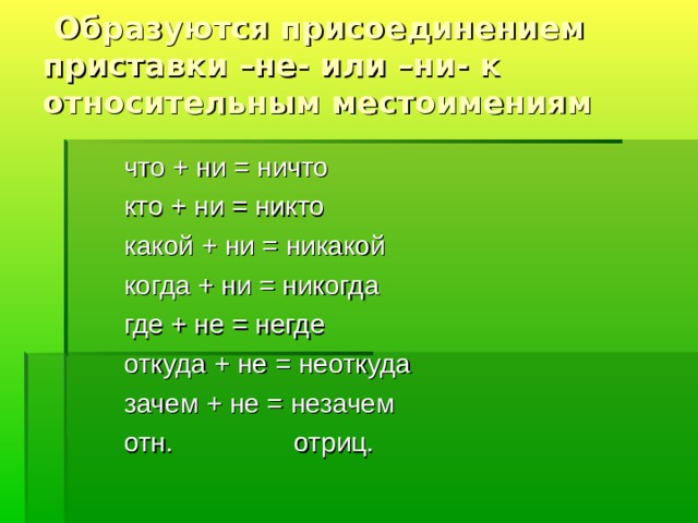  Образуются присоединением приставки –не- или –ни- к относительным местоимениям  что + ни = ничто  кто + ни = никто  какой + ни = никакой  когда + ни = никогда  где + не = негде  откуда + не = неоткуда  зачем + не = незачем  отн. отриц. 