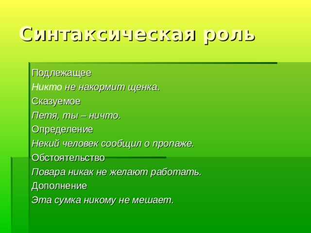 Синтаксическая роль Подлежащее Никто не накормит щенка . Сказуемое Петя, ты – ничто. Определение Некий человек сообщил о пропаже. Обстоятельство Повара никак не желают работать. Дополнение Эта сумка никому не мешает. 