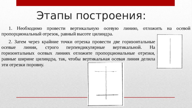 Этапы построения: 1. Необходимо провести вертикальную осевую линию, отложить на осевой пропорциональный отрезок, равный высоте цилиндра. 2. Затем через крайние точки отрезка провести две горизонтальные осевые линии, строго перпендикулярные вертикальной. На горизонтальных осевых линиях отложите пропорциональные отрезки, равные ширине цилиндра, так, чтобы вертикальная осевая линия делила эти отрезки поровну. 