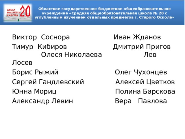 Областное государственное бюджетное общеобразовательное учреждение «Средняя общеобразовательная школа № 20 с углубленным изучением отдельных предметов г. Старого Оскола»  Виктор Соснора Иван Жданов Тимур Кибиров Дмитрий Пригов Олеся Николаева Лев Лосев Борис Рыжий Олег Чухонцев Сергей Гандлевский Алексей Цветков Юнна Мориц Полина Барскова Александр Левин Вера Павлова 