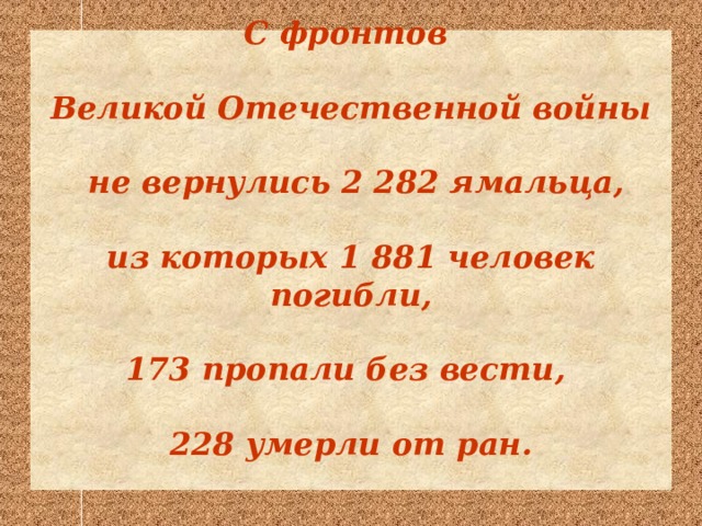 С фронтов   Великой Отечественной войны   не вернулись 2 282 ямальца,   из которых 1 881 человек погибли,    173 пропали без вести,   228 умерли от ран.   