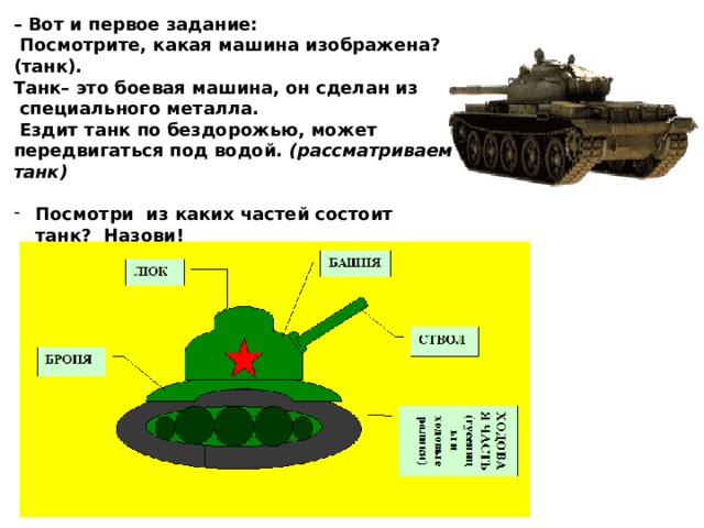 – Вот и первое задание:  Посмотрите, какая машина изображена? (танк). Танк– это боевая машина, он сделан из  специального металла.  Ездит танк по бездорожью, может передвигаться под водой.  (рассматриваем танк)  Посмотри из каких частей состоит танк?  Назови!  