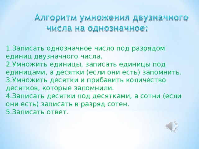   1.Записать однозначное число под разрядом единиц двузначного числа. 2.Умножить единицы, записать единицы под единицами, а десятки (если они есть) запомнить. 3.Умножить десятки и прибавить количество десятков, которые запомнили. 4.Записать десятки под десятками, а сотни (если они есть) записать в разряд сотен. 5.Записать ответ. 