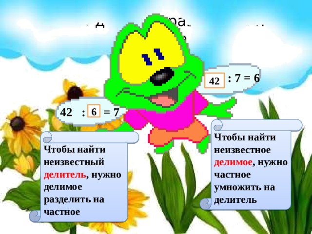 Нужно делимое разделить на частное  : 7 = 6 42  42 : = 7 6 Чтобы найти неизвестное делимое , нужно частное умножить на делитель Чтобы найти неизвестный делитель , нужно делимое разделить на частное 