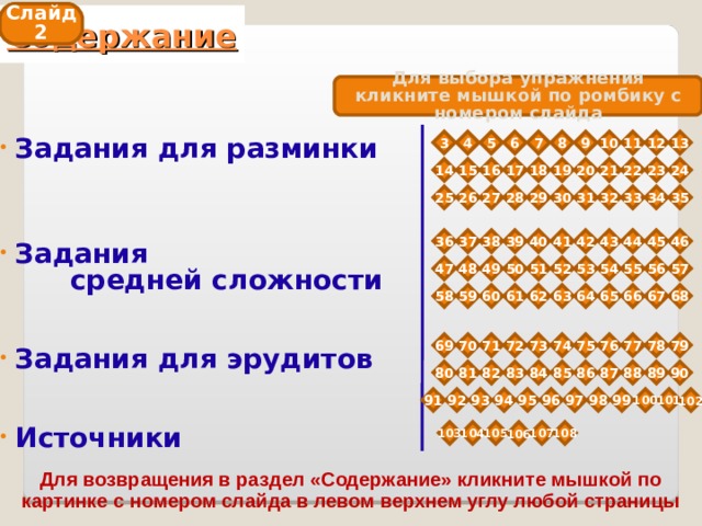 Слайд 2 Содержание Для выбора упражнения кликните мышкой по ромбику с номером слайда 3 5 12 11 10 9 8 7 6 4 13  Задания для разминки      Задания  средней сложности    Задания для эрудитов    Источники  19 23 22 20 21 18 14 16 15 24 17 30 33 32 31 34 29 28 27 26 35 25 45 44 43 42 41 40 39 38 37 46 36 56 55 54 52 53 49 51 48 57 47 50 63 67 66 65 64 62 61 60 59 68 58 74 78 77 76 75 69 73 72 71 70 79 89 85 88 87 86 90 84 82 81 80 83 96 100 99 98 97 95 94 93 92 101 91 102 103 104 105 106 107 108 Для возвращения в раздел «Содержание» кликните мышкой по картинке с номером слайда в левом верхнем углу любой страницы 