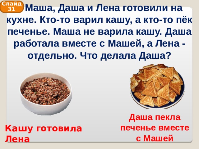  Маша, Даша и Лена готовили на кухне. Кто-то варил кашу, а кто-то пёк печенье. Маша не варила кашу. Даша работала вместе с Машей, а Лена - отдельно. Что делала Даша? Слайд 31 Даша пекла печенье вместе с Машей Кашу готовила Лена 