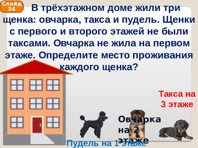  В трёхэтажном доме жили три щенка: овчарка, такса и пудель. Щенки с первого и второго этажей не были таксами. Овчарка не жила на первом этаже. Определите место проживания каждого щенка? Слайд 34 Такса на 3 этаже Овчарка на 2 этаже Пудель на 1 этаже 