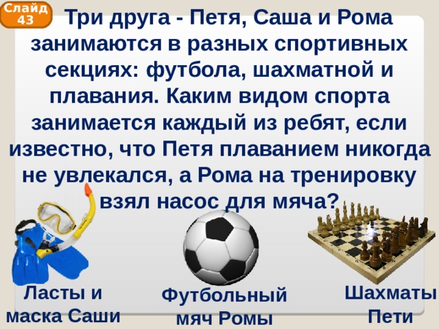  Три друга - Петя, Саша и Рома занимаются в разных спортивных секциях: футбола, шахматной и плавания. Каким видом спорта занимается каждый из ребят, если известно, что Петя плаванием никогда не увлекался, а Рома на тренировку взял насос для мяча? Слайд 43 Ласты и маска Саши Шахматы Пети Футбольный мяч Ромы  