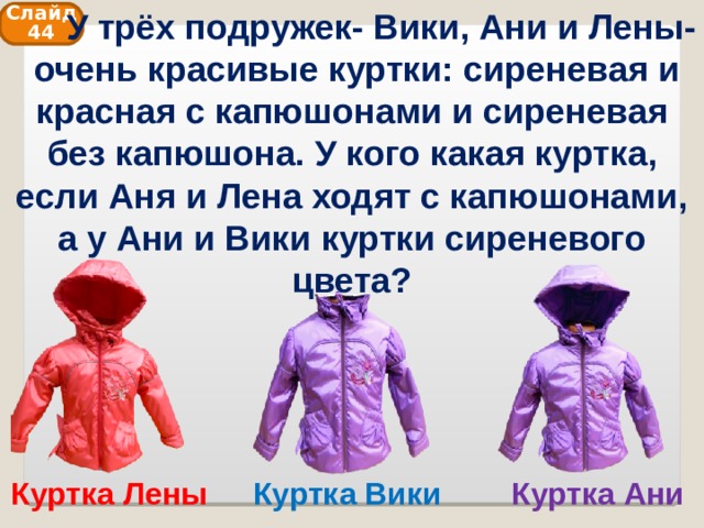  У трёх подружек- Вики, Ани и Лены- очень красивые куртки: сиреневая и красная с капюшонами и сиреневая без капюшона. У кого какая куртка, если Аня и Лена ходят с капюшонами, а у Ани и Вики куртки сиреневого цвета? Слайд 44 Куртка Ани Куртка Вики Куртка Лены 
