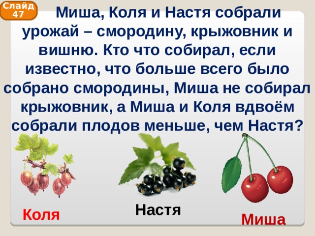  Миша, Коля и Настя собрали урожай – смородину, крыжовник и вишню. Кто что собирал, если известно, что больше всего было собрано смородины, Миша не собирал крыжовник, а Миша и Коля вдвоём собрали плодов меньше, чем Настя? Слайд 47 Настя Коля Миша 