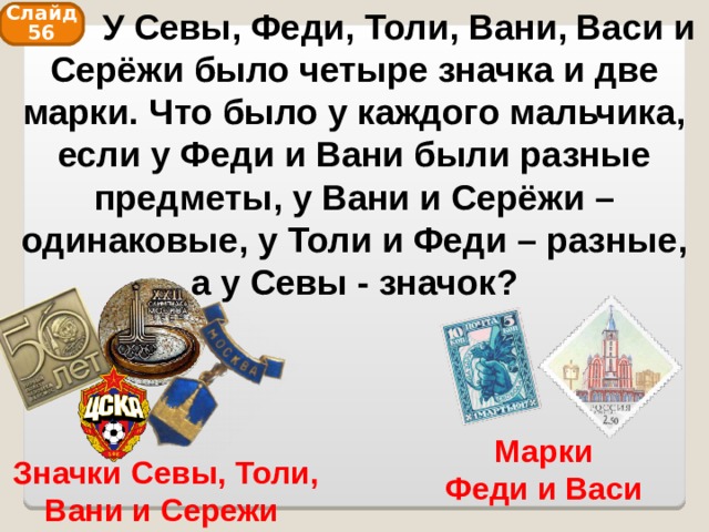  У Севы, Феди, Толи, Вани, Васи и Серёжи было четыре значка и две марки. Что было у каждого мальчика, если у Феди и Вани были разные предметы, у Вани и Серёжи – одинаковые, у Толи и Феди – разные, а у Севы - значок? Слайд 56 Марки Феди и Васи Значки Севы, Толи, Вани и Сережи 