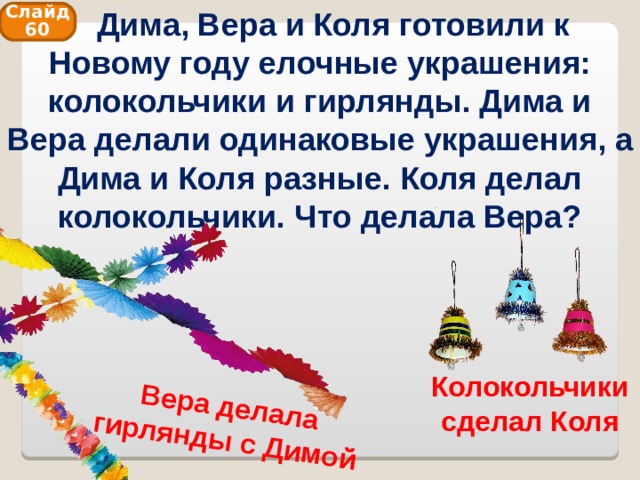  Дима, Вера и Коля готовили к Новому году елочные украшения: колокольчики и гирлянды. Дима и Вера делали одинаковые украшения, а Дима и Коля разные. Коля делал колокольчики. Что делала Вера? Вера делала гирлянды с Димой Слайд 60 Колокольчики сделал Коля 