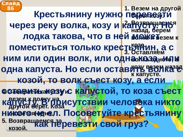Слайд 86 Везем на другой берег козу. 2. Возвращаемся назад, берем волка и везем к козе. 3. Оставляем волка одного, а козу везем назад к капусте.  Крестьянину нужно перевезти через реку волка, козу и капусту. Но лодка такова, что в ней может поместиться только крестьянин, а с ним или один волк, или одна коза, или одна капуста. Но если оставить волка с козой, то волк съест козу, а если оставить козу с капустой, то коза съест капусту. В присутствии человека никто никого не ел. Посоветуйте крестьянину как перевезти свой груз? 4. Забираем капусту и везем к волку на другой берег. Коза остается одна. 5. Возвращаемся за козой. 