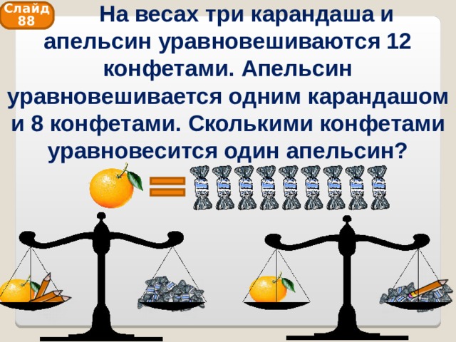  На весах три карандаша и апельсин уравновешиваются 12 конфетами. Апельсин уравновешивается одним карандашом и 8 конфетами. Сколькими конфетами уравновесится один апельсин? Слайд 88 