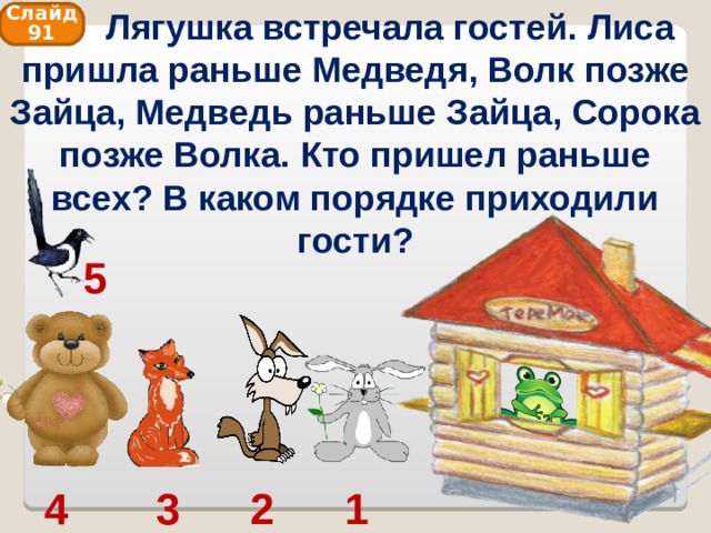  Лягушка встречала гостей. Лиса пришла раньше Медведя, Волк позже Зайца, Медведь раньше Зайца, Сорока позже Волка. Кто пришел раньше всех? В каком порядке приходили гости? Слайд 91 5 1 2 3 4 
