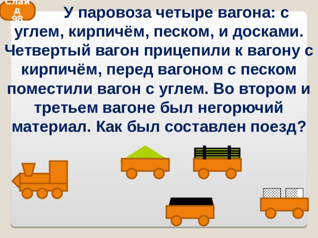  У паровоза четыре вагона: с углем, кирпичём, песком, и досками. Четвертый вагон прицепили к вагону с кирпичём, перед вагоном с песком поместили вагон с углем. Во втором и третьем вагоне был негорючий материал. Как был составлен поезд? Слайд 98 