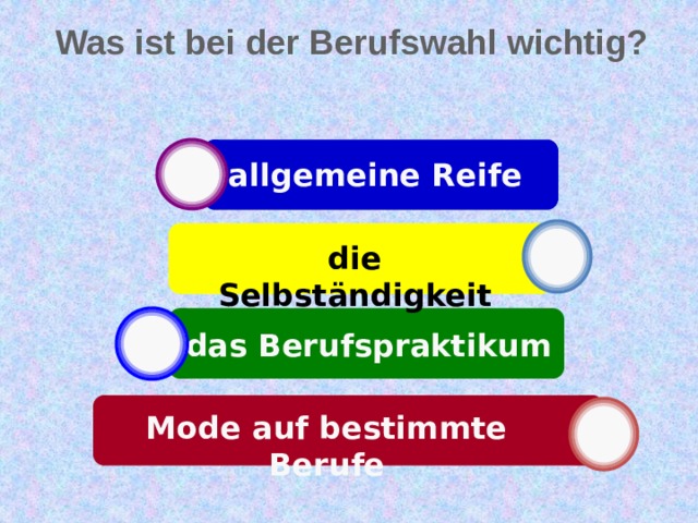 Was ist bei der Berufswahl wichtig? allgemeine Reife die Selbständigkeit das Berufspraktikum Mode auf bestimmte Berufe 