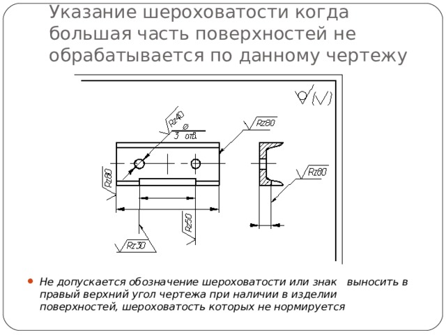 Указание шероховатости когда большая часть поверхностей не обрабатывается по данному чертежу Не допускается обозначение шероховатости или знак   выносить в правый верхний угол чертежа при наличии в изделии  поверхностей, шероховатость которых не нормируется 